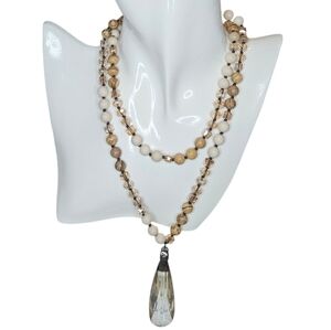 Jasper and Crystal Beaded Necklace with Crystal Pendant- Tan and Cream